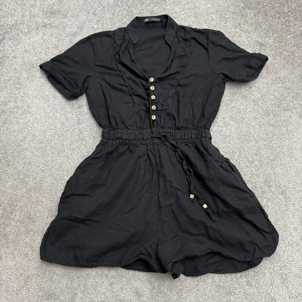 Zara Linen Blend Button Up Romper Women XS Black Elastic Waist Short Sleeve Boho